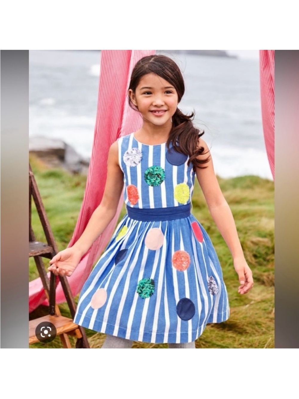 Mini Boden Blue and White Striped Dress with Colorful Sequin Dots